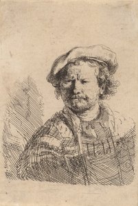 Omakuva litteässä lippiksessä ja brodeeratussa mekossa, c. 1642. tekijältä Rembrandt van Rijn