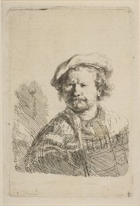 Omakuva litteässä lippiksessä ja brodeeratussa mekossa, n. 1642. tekijältä Rembrandt van Rijn