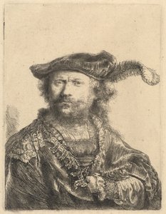 Omakuva samettilipsissä, jossa on plume tekijältä Rembrandt van Rijn