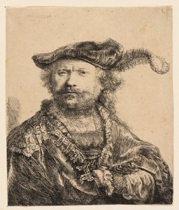 Omakuva samettilipsissä, jossa on plume tekijältä Rembrandt van Rijn