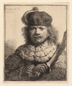 Omakuva korotetulla sapelilla tekijältä Rembrandt van Rijn