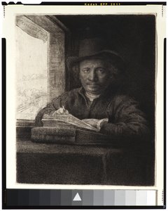 Omakuva, etsaus ikkunan ääressä, 1648 (etsaus ja kaiverrus lyijypaperille) tekijältä Rembrandt van Rijn
