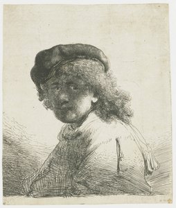 Omakuva lippassa ja huivissa, kasvot tummat: rintakuva tekijältä Rembrandt van Rijn