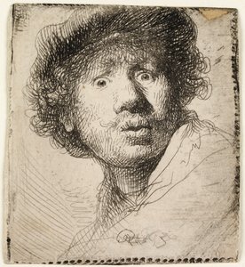 Omakuva lippiksessä: suu auki, 1630. tekijältä Rembrandt van Rijn