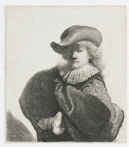 Omakuva pehmeässä hatussa ja kuviollisessa viitassa tekijältä Rembrandt van Rijn