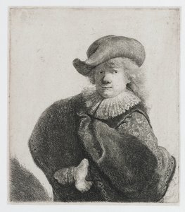 Omakuva, jossa on pehmeä hattu ja kuviollinen viitta tekijältä Rembrandt van Rijn