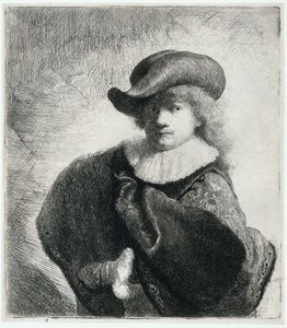 Omakuva pehmeässä hatussa ja kirjailtu viitta, 1631. tekijältä Rembrandt van Rijn