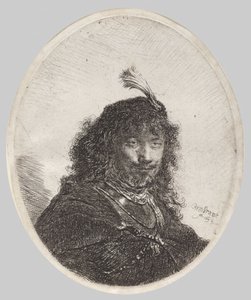 Omakuva, jossa on höyhenkoristeltu lakki ja laskettu miekka tekijältä Rembrandt van Rijn