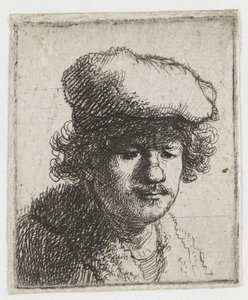 Omakuva, jossa lippalakki on vedetty eteenpäin tekijältä Rembrandt van Rijn