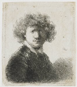 Omakuva kiharat hiukset ja valkoinen kaulus: rintakuva tekijältä Rembrandt van Rijn