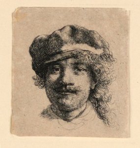 Omakuva pehmeä lippalakki päällä: koko kasvot, vain pää tekijältä Rembrandt van Rijn