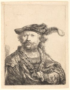 Omakuva samettilakissa, jossa on plume tekijältä Rembrandt van Rijn