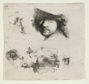 Luonnosarkki: Taiteilijan pää, kerjäläispariskunta, vanhan miehen ja vanhan naisen päät jne. tekijältä Rembrandt van Rijn
