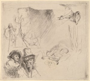 Tutkimusarkki, mukaan lukien nainen makaa sairaana sängyssä tekijältä Rembrandt van Rijn