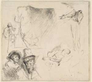 Tutkimuslehti naisesta, joka makaa sairaana sängyssä jne., n. 164142. tekijältä Rembrandt van Rijn