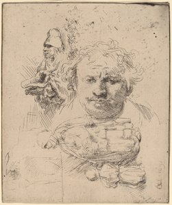 Tutkimusarkki taiteilijan johtajan, kerjäläisen miehen sekä naisen ja lapsen kanssa tekijältä Rembrandt van Rijn