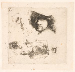 Tutkimusarkki: Rembrandtin päällikkö, kerjäläispariskunta, vanhan miehen ja vanhan naisen päät jne. tekijältä Rembrandt van Rijn