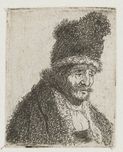 Kokoelma miesten pääkuvia: vanha mies turkkiin pukeutuneena ja korkealla lakkilla tekijältä Rembrandt van Rijn