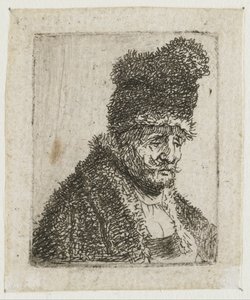 Kokoelma miesten pääkuvia: vanha mies turkkiin pukeutuneena ja korkealla lakkilla tekijältä Rembrandt van Rijn