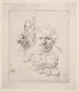 Piirrosarkki, jossa on Rembrandtin pää, kerjäläismies, nainen ja lapsi tekijältä Rembrandt van Rijn