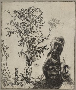 Arkki, jossa on kaksi tutkimusta: Puu ja Veljeä käyttävän Rembrandtin pään yläosa..., n. 1642. tekijältä Rembrandt van Rijn
