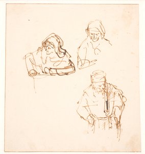 Luonnos kahdesta naisesta ja yhdestä miehestä tehdystä tutkimuksesta tekijältä Rembrandt van Rijn