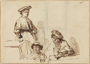Luonnoksia tavernasta: nainen seisomassa ja kaksi miestä istumassa tekijältä Rembrandt van Rijn