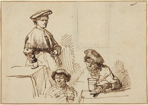 Luonnoksia tavernasta: seisova nainen ja kaksi istuvaa miestä tekijältä Rembrandt van Rijn