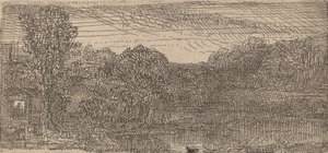 Pieni harmaa maisema: talo ja puut uima-altaan vieressä, c. 1640. tekijältä Rembrandt van Rijn