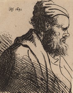 Nenäkärkinen mies lippaassa vuonna 1630 tai ennen sitä. tekijältä Rembrandt van Rijn