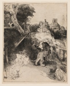 St. Jerome lukemassa italialaisessa maisemassa tekijältä Rembrandt van Rijn