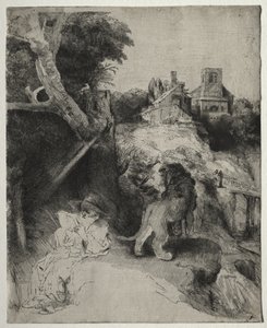 St. Jerome lukemassa italialaisessa maisemassa tekijältä Rembrandt van Rijn