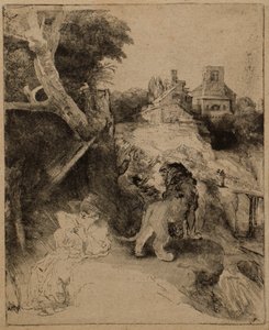 St. Jerome lukemassa italialaisessa maisemassa tekijältä Rembrandt van Rijn