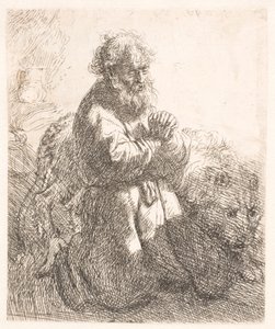 Pyhä Hieronymus polvistui rukouksessa ja katsoo alas tekijältä Rembrandt van Rijn