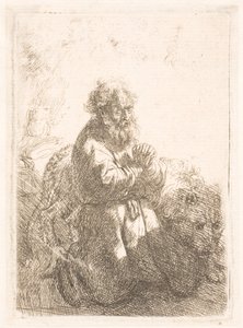 Pyhä Hieronymus polvistui rukouksessa ja katsoo alas tekijältä Rembrandt van Rijn