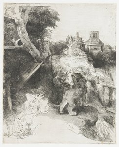 Pyhä Hieronymus lukemassa italialaisessa maisemassa tekijältä Rembrandt van Rijn