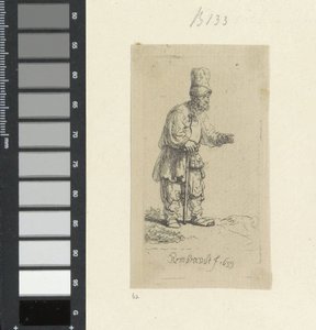 Seisova maanviljelijä, jolla on korkeat päähineet, kepille nojaten Recueil de quatre-vingt-cinq estampes originales (sarjan nimi) tekijältä Rembrandt van Rijn