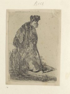 Staande mies laittaa een lange mantelin bontmutsiin Kokoelma kahdeksankymmentäviisi alkuperäistä vedosta (sarjan nimi) tekijältä Rembrandt van Rijn