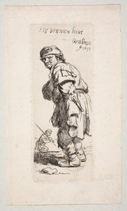 Vasemmalle kääntynyt seisova maalaismies ja taustalla keppi kädessään oleva hahmo ”Tis vinnich Kout” tekijältä Rembrandt van Rijn