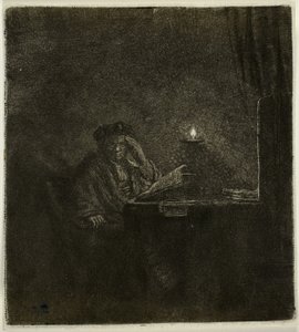 Opiskelija pöydän ääressä kynttilänvalossa tekijältä Rembrandt van Rijn