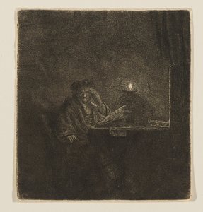 Opiskelija pöydän ääressä kynttilänvalossa tekijältä Rembrandt van Rijn