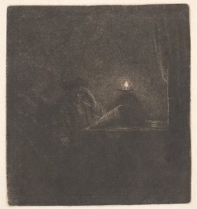 Opiskelija pöydän ääressä kynttilänvalossa tekijältä Rembrandt van Rijn