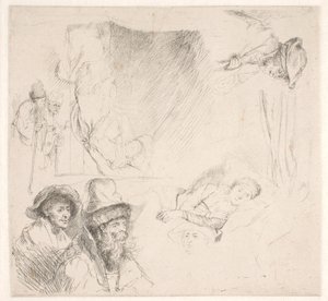 Studieblad, mukaan lukien vuoteessa oleva nainen tekijältä Rembrandt van Rijn