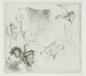 Opiskelukuvassa sairas nainen sängyssä tekijältä Rembrandt van Rijn