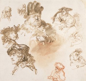 Tutkimuksia vanhojen miesten päistä ja kolmesta naisesta, joilla on lapsia, n. 1635-1636 (muste ja pesu paperille) tekijältä Rembrandt van Rijn