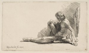 Tutkimus alastonkuvasta: Mies istuu maassa, yksi jalka ojennettuna, 1646. tekijältä Rembrandt van Rijn