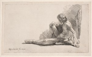 Alastonmallin mukaan tehty piirros: maassa istuva mies, jolla on yksi jalka ojennettuna tekijältä Rembrandt van Rijn