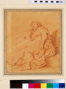 Tutkimus Raakelin hahmosta, n. 1621 (punainen liitu mustavalkoisella liidulla oranssilla valmistetulla paperilla) tekijältä Rembrandt van Rijn