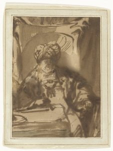 Näyttelijä Willem Bartholsz Ruyter kuningas Ahasveroksen roolissa valtaistuimellaan tekijältä Rembrandt van Rijn