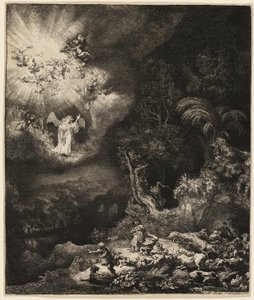 Enkeli ilmestyy paimenille tekijältä Rembrandt van Rijn